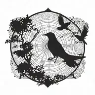 A silhouette of a bird flying over tree while it uses a compass tattoo design idea