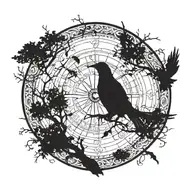 A silhouette of a bird flying over tree while it uses a compass tattoo design idea