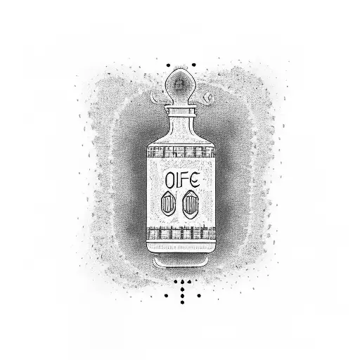 A dotwork design of a magic potion bottle with the words 'Life Goes On' tattoo design idea