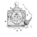 A dotwork design of a magic potion bottle with the words 'Life Goes On' tattoo design idea
