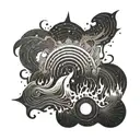 A design of flames flickering in the night, shaped like sound waves of a favorite song, with subtle engineering elements incorporated tattoo design idea