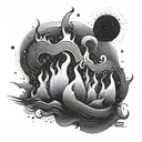 A design of flames flickering in the night, shaped like sound waves of a favorite song, with subtle engineering elements incorporated tattoo design idea