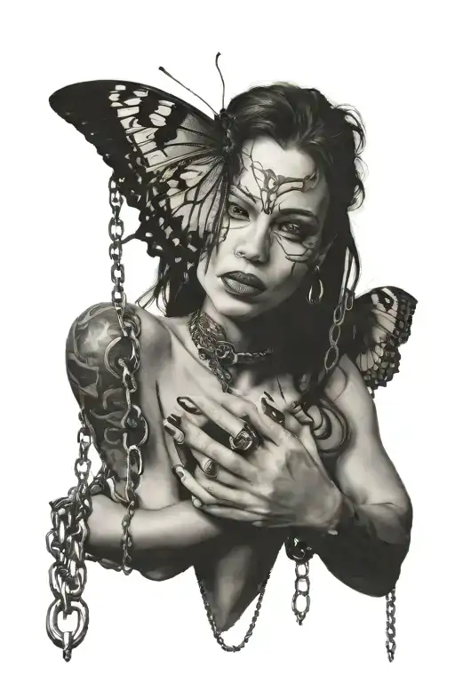 a tattoo of a women holding a butterfly in her hands with a big monster behind her that locked up wit 3 locks and chains tattoo design idea