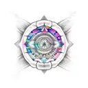 Design a realistic hand holding a makeup palette with various chakra symbols as the eyeshadow shades tattoo design idea