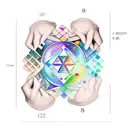 Design a realistic hand holding a makeup palette with various chakra symbols as the eyeshadow shades tattoo design idea