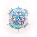 Design a realistic hand holding a makeup palette with various chakra symbols as the eyeshadow shades tattoo design idea