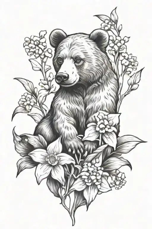 bear protecting Lilly of the valley and narcissus flowers feminine forearm tattoo design idea