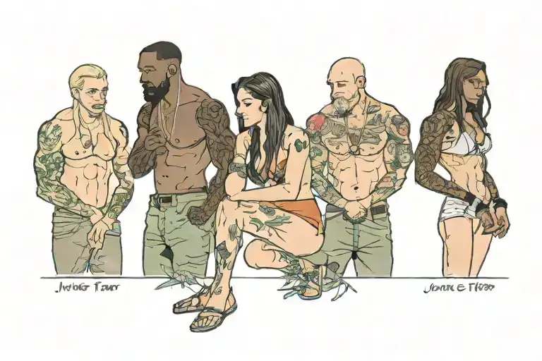 text: Jungle fever, lonely skinny white girl, straight wet brown hair, snuggling against four muscular black males tattoo design idea