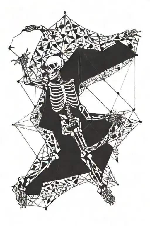 skeleton holding a kite flying tattoo design idea