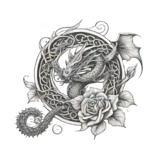 dragon wrapped around rose tree of life and Celtic spirals in the background tattoo design idea