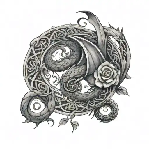 dragon wrapped around rose tree of life and Celtic spirals in the background tattoo design idea
