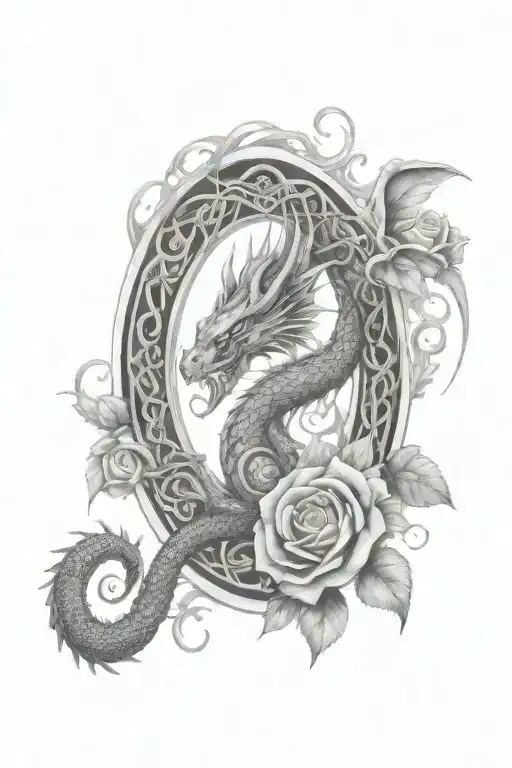 dragons wrapped around and roses with tree of life in the background Celtic spirals and one evil eye encorporated  tattoo design idea