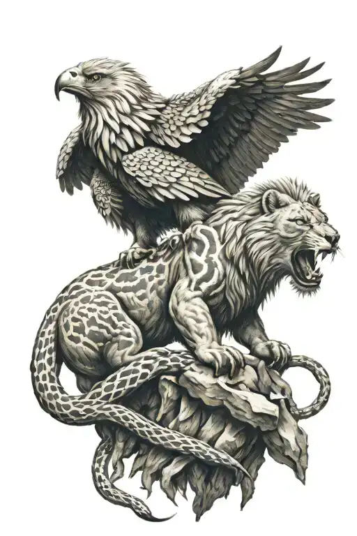 lion, snake, badger, eagle perched on top tattoo design idea