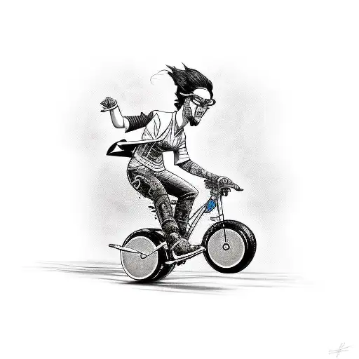 Create a tattoo featuring a guitar hero playing a riff on a bike while surrounded by roller derby elements tattoo design idea