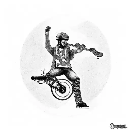 Create a tattoo featuring a guitar hero playing a riff on a bike while surrounded by roller derby elements tattoo design idea