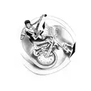 Create a tattoo featuring a guitar hero playing a riff on a bike while surrounded by roller derby elements tattoo design idea
