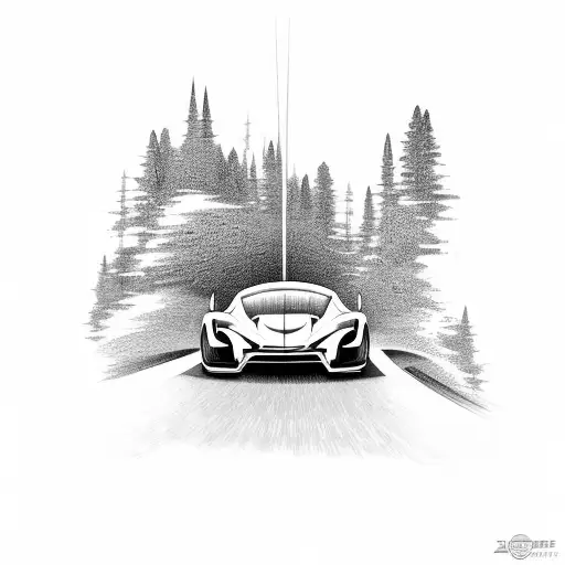 A sleek and futuristic design of a sports car speeding down a winding road tattoo design idea