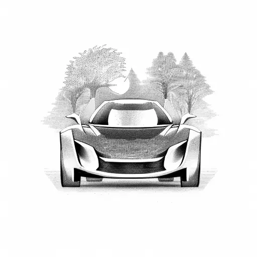 A sleek and futuristic design of a sports car speeding down a winding road tattoo design idea