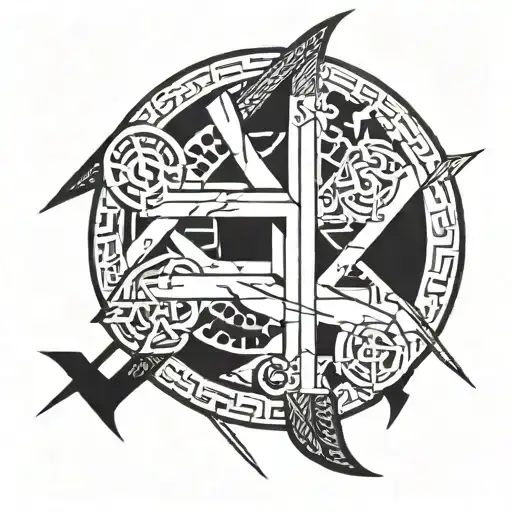 A tattoo design incorporating symbols of work and productivity intertwined with runic symbols tattoo design idea