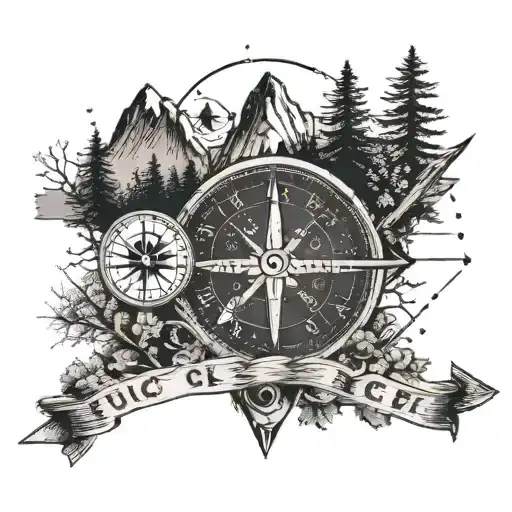 arrow, mountain, trees, compass, Morse code "fuck cancer" phrase tattoo design idea