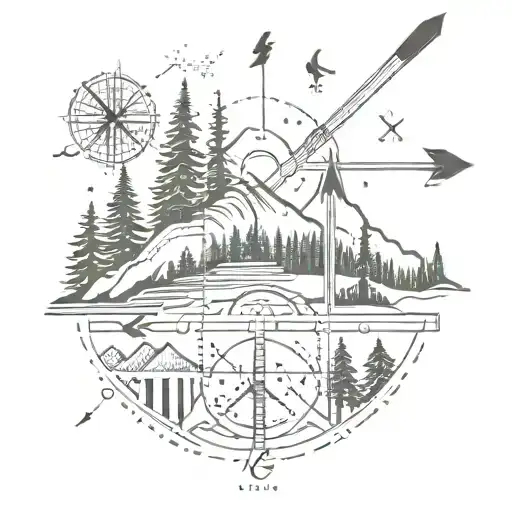 arrow, mountain, trees, compass, Morse code "fuck cancer" phrase tattoo design idea