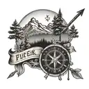 arrow, mountain, trees, compass, Morse code "fuck cancer" phrase tattoo design idea