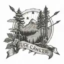 arrow, mountain, trees, compass, Morse code "fuck cancer" phrase tattoo design idea