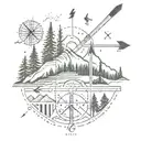 arrow, mountain, trees, compass, Morse code "fuck cancer" phrase tattoo design idea