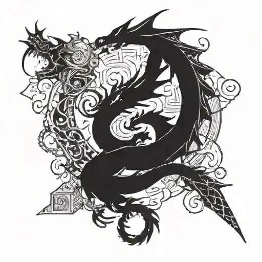 An intricate design featuring a dragon intertwined with academic symbols like books and a graduation cap tattoo design idea