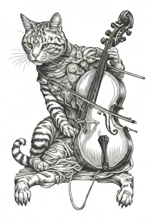 cello and cat sitting together praying samurai tattoo design idea