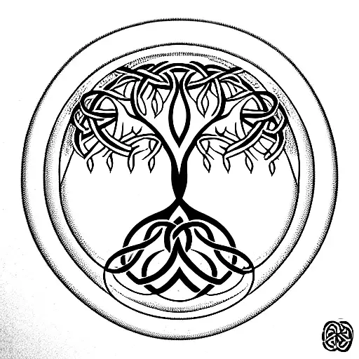 simple line design of tree of life, some celtic inspriation, not circular, horizontal line coming off one side of roots tattoo design idea