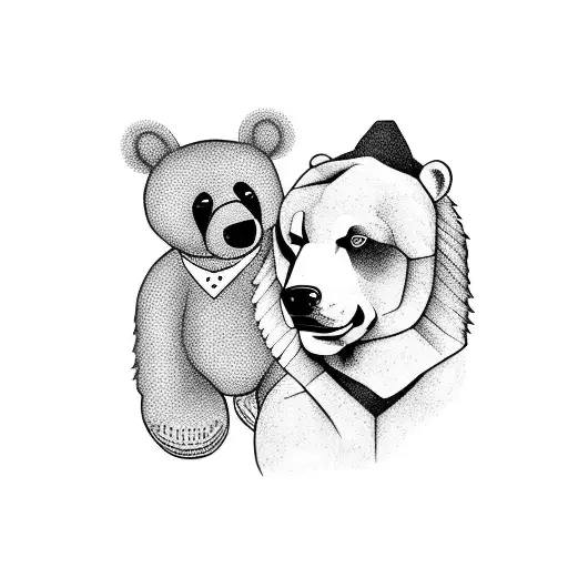 A dog and bear playing together in a farm setting tattoo design idea