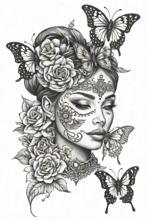 Flowers, mandala, jewels, female face, butterfly,  tattoo design idea