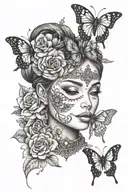 Flowers, mandala, jewels, female face, butterfly,  tattoo design idea