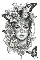 Flowers, mandala, jewels, female face, butterfly,  tattoo design idea