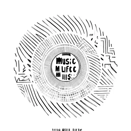 A minimalist tattoo of a vinyl record with the words 'Music is my life' in the center, surrounded by the names of BTS members tattoo design idea