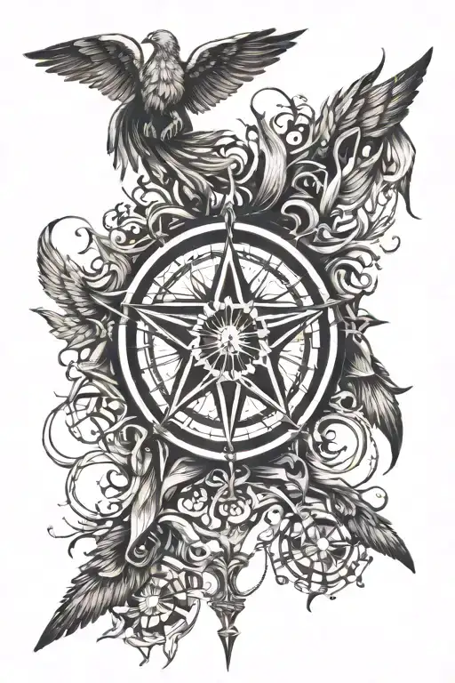 Wind rose on the side of the neck with one wing with hands in prayer and possibly with an angel tattoo design idea