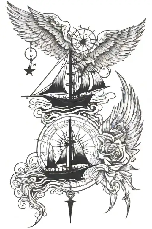 Wind rose on the side of the neck with one wing with some kind of amulet addition like two boats (prayer) with an angel theme tattoo design idea