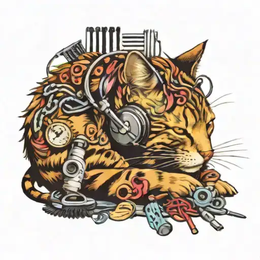 A sleeping cat surrounded by musical notes and hair styling tools tattoo design idea