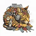 A sleeping cat surrounded by musical notes and hair styling tools tattoo design idea