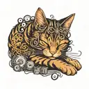 A sleeping cat surrounded by musical notes and hair styling tools tattoo design idea