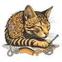 A sleeping cat surrounded by musical notes and hair styling tools tattoo design idea