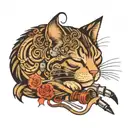 A sleeping cat surrounded by musical notes and hair styling tools tattoo design idea