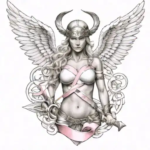 valkyrie symbol intertwined with breast cancer ribbon tattoo design idea