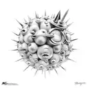 mideval flail spiked ball on chain shaded I. the art style of Hajime Sorayama black and white chrome tattoo design idea