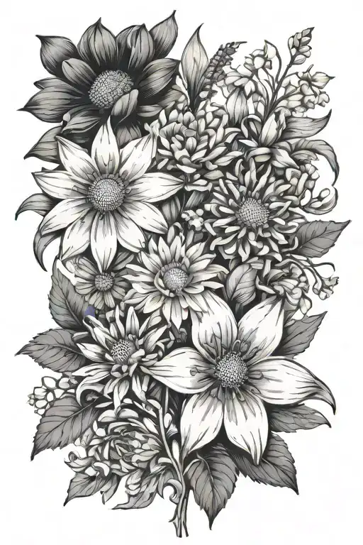 Bouquet with a daisy, a lily of the valley, a delphinium, an aster, two cosmos flowers, and two chrysanthemums tattoo design idea