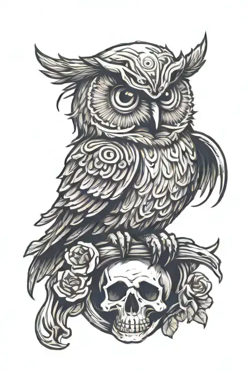 strong wise owl perched on skull tattoo design idea