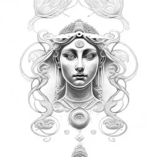 An intricate design featuring the Roman goddess of silence, with dotwork shading tattoo design idea