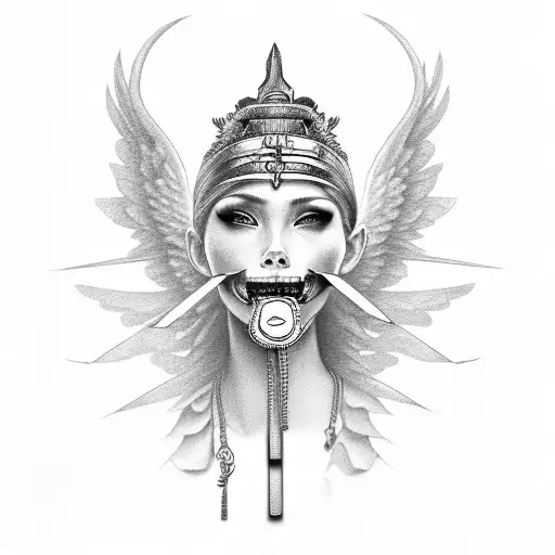 A goddess of silence with wings and a padlock in her mouth tattoo design idea