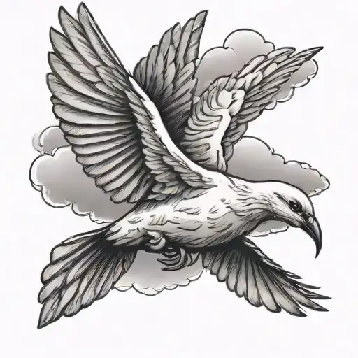 flying dove with clouds in the back ground tattoo design idea
